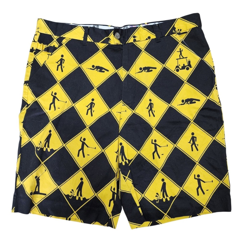 Royal & Awesome Golf Shorts Men's Size 38 Black Yellow Novelty Print Hazard Sign